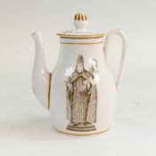 19th century small creamware chocolate pot, transfer decorated with William of Wykeham and The