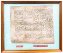 Medieval Document Edward IV, written in Latin and dated 7th April 1469, 22.5cm x 21cm, framed.