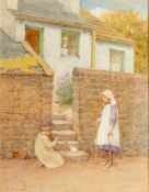 Charles Edward Wilson, (1853-1941) watercolour of two children with kitten outside cottage, 29cm x