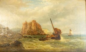 Louis Étienne TIMMERMANS, (1846-1910) Oil painting on canvas of castle and boat in rough seas,