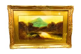 English School (19th century) mountainous landscape. Oil on board, in gilt frame and mount behind