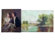 Antique oil painting of two ladies, on board, unsigned, 16.6cm x 18.5cm and oil painting on canvas