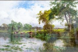 Henry H. PARKER, (1858-1930), large oil painting on canvas, cattle by pond in landscape, 59cm x