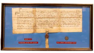 Medieval Document Henry VII, Indenture dated 8th August with seal, 37cm x 15.5cm, framed.