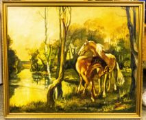 Margaret Rowntree, oil on board with horses, dated 1967, 58cm x 48cm together with a smaller pair of