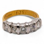 18ct Gold hallmarked diamond 5 stone ring, estimated total diamond weight 1ct, size N, 3.85g.