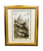 Sid KIRKHAM (Local artist) View of St Pauls Cathedral. Watercolour on paper. Behind glass in gold