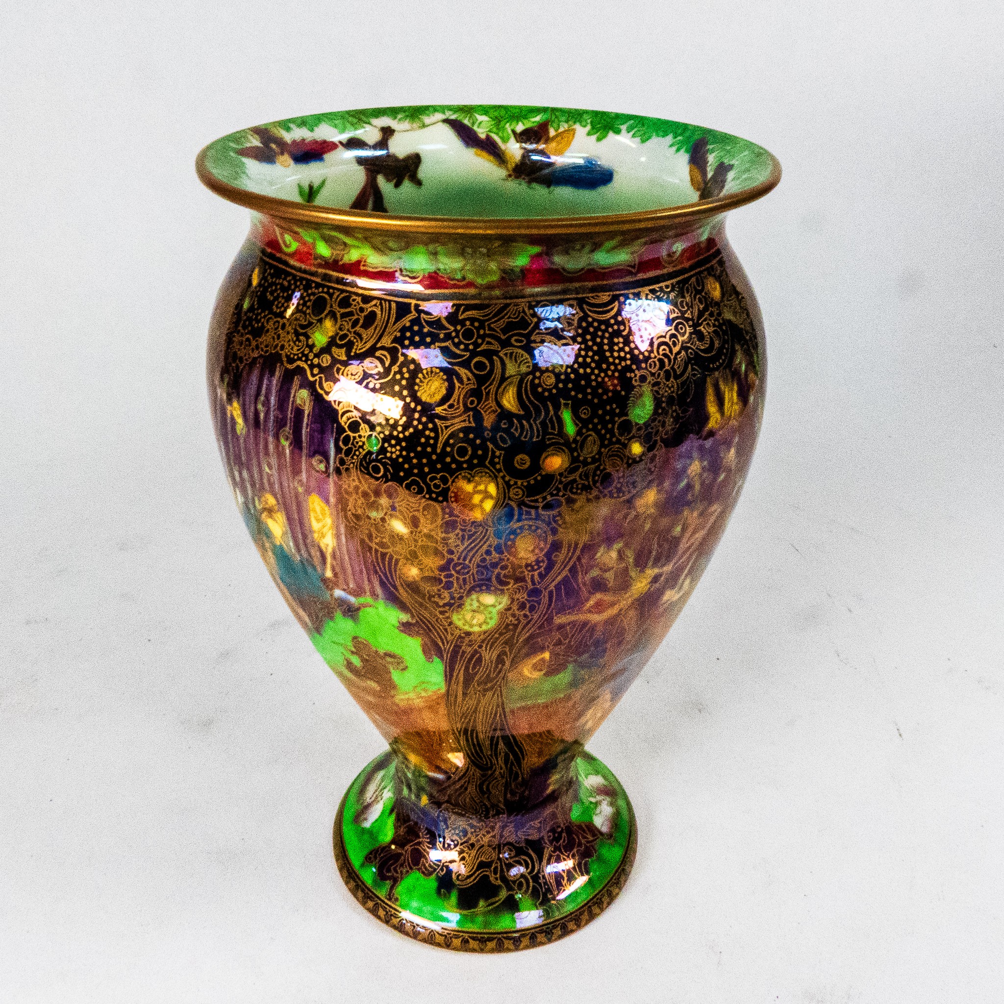 Wedgwood Fairyland Lustre vase decorated in the rare Jewelled Tree design featuring cat, mouse and