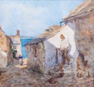 Tom CLOUGH, (1867-1943) watercolour of fisherman with nets & cottage, 41 x 45cm approx.