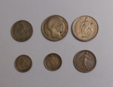 French coins x 6, various dates, combined 34.8g.