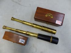 Two reproduction three-drawer brass telescopes. Largest extends to 44.5cm, both with wooden boxes (