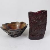 Chinese bufalo horn type brush pot or Libation cup with Dragon decoration, height 10cm, together