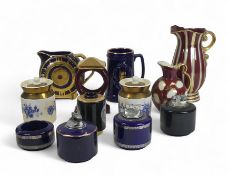 Wade selection to include:- Blue floral & gilt style lidded storage jars , Clock effect jug (no