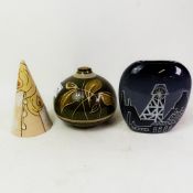 A Lucy Goodwin purse vase depicting a Stoke on Trent skyline, together with a globular Denby vase