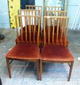 Set of 6, mid-century teak dining chairs. Upholstered in red fabric with spindle backs. H92cm x