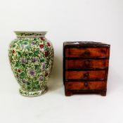 Modern Chinese vase with floral decoration, together with a vintage-style small wooden metal-bound