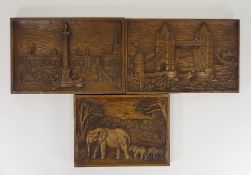 Three hand carved wooden wall art panels, depicting Tower Bridge in London, Trafalgar Square,