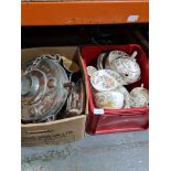 A box of Wedgwood floral dinnerware and a box of sundry