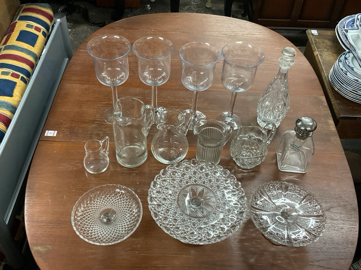 Miscellaneous glass - four large goblets, three Victorian pressed cake stands, five jugs, and two