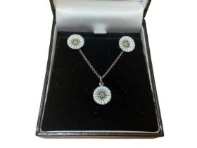 Georg Jensen Danish silver and white enamel daisy pendant on chain and matching pair of earrings