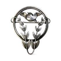 Georg Jensen Danish sterling silver bird brooch with a circular border and foliate decoration, desig