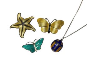 Group of Norwegian silver and enamel jewellery to include David Andersen blue and yellow beetle pend