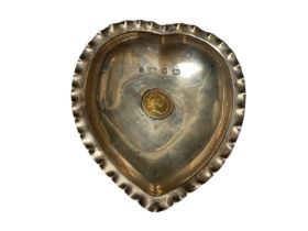 Victorian silver heart shaped dish inset with a gold third-guinea coin, 1809