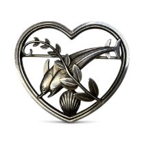 Georg Jensen Danish sterling silver heart shaped brooch with two dolphins swimming amidst seaweed an