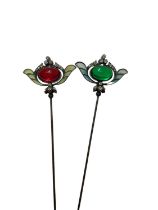Pair of Edwardian plique-à-jour enamel and paste set hat pins