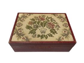 Vintage Rolex red leather empty watch box, the hinge lid with an embroidered floral panel