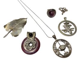 Collection of silver and white metal jewellery to include Danish silver and purple cabochon ring, Da