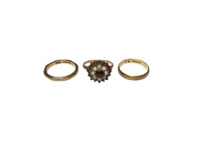 9ct gold garnet and seed pearl cluster ring, together with two 9ct gold wedding rings (3)