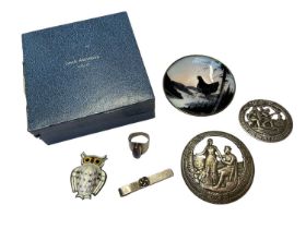 David Andersen Norwegian silver and enamel owl brooch, Norwegian silver and enamel pin dish with bir