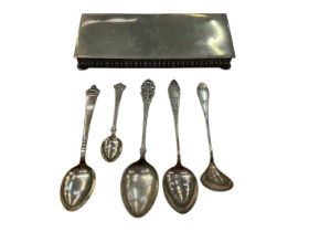 Five Danish/ Norwegian silver (830) spoons and a Norwegian pewter cigar box