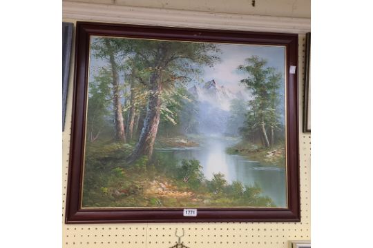 Walter: a framed vintage oil on canvas, depicting a river mountain landscape - signed