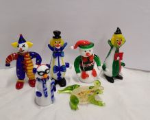 Three Murano miniature glass clown figurines - sold with two similar snowmen and a frog