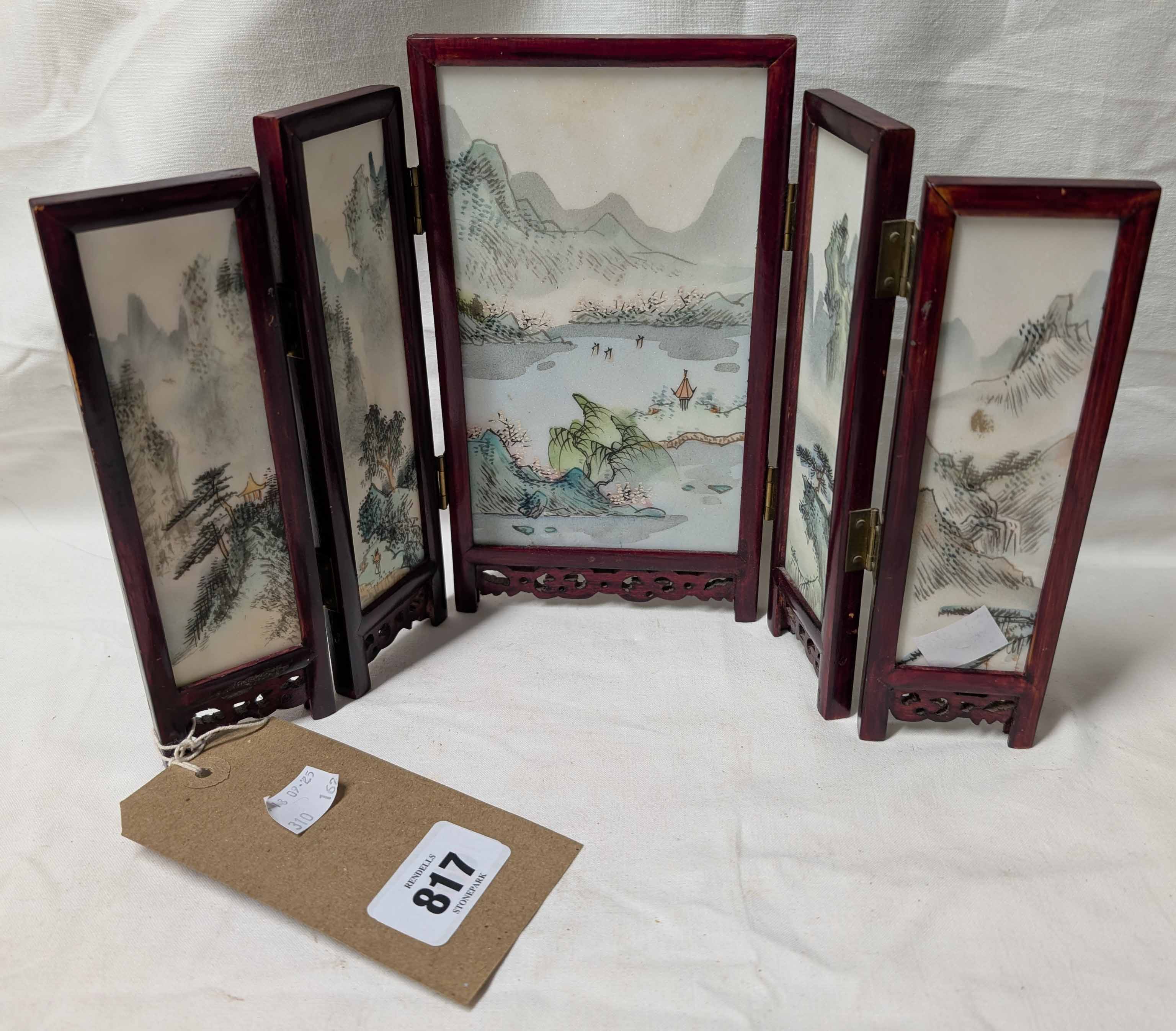 Table Screen Frame A modern miniature Oriental wood folding table screen inset with five ...
