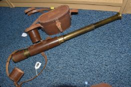A LARGE FOUR DRAWER BRASS AND LEATHER TELESCOPE, made by Broadhurst Clarkson & Co. Ltd.-London,