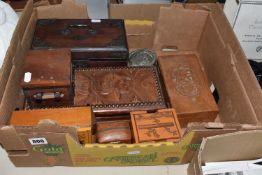 A BOX OF MOSTLY WOODEN CIGARETTE BOXES AND TWO METERS to include an inlaid musical cigarette box