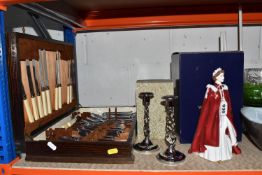 A BOXED ROYAL WORCESTER 'QUEEN ELIZABETH II,' TWO COMMEMORATIVE CANDLESTICKS, AND VINTAGE CUTLERY