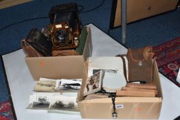 TWO BOXES OF PHOTOGRAPHIC EQUIPMENT AND VINTAGE AIRCRAFT PHOTOGRAPHS, to include a The Sanderson