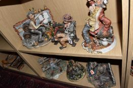 SIX CAPODIMONTE VIGNETTE SCULPTURES comprising a drunken man leaning on a barrel bearing the