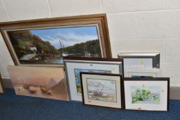 A SMALL QUANTITY OF DECORATIVE PAINTINGS AND PRINTS, to include a Gordon Allen Estuary landscape