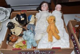 ONE BOX OF VINTAGE DOLLS AND PUPPETS, to include a mid-century Chad Valley Andy Pandy hand puppet,