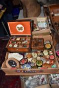 TWO BOXES OF SEWING RELATED ITEMS AND TRINKET BOXES, to include a workbox with mother of pearl