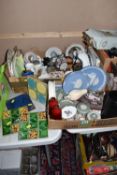 TWO BOXES OF CERAMICS, VINTAGE TILES AND ORNAMENTS, to include four Arts & Crafts decorative ceramic