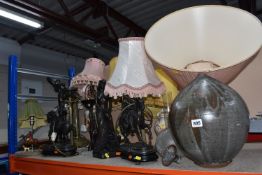 TABLE LAMPS, SCULPTURES AND A STUDIO POTTERY VASE, to include a John Letts bronzed sculpture of a