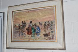 ADELIO ZAGNI ZEELIE (1911-1991) COLLECTING THE CATCH, a South African beach scene with figures