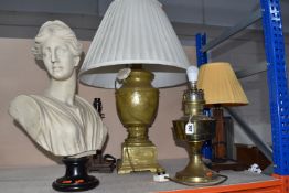 FOUR TABLE LAMPS AND A CLASSICAL STYLE BUST comprising a converted Aladdin No. 23 lamp fitted with a