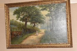 SAMUEL LAWSON BOOTH R.C.A (1836-1928) 'THE BLUEBELL WOODS', a young woman and child are walking